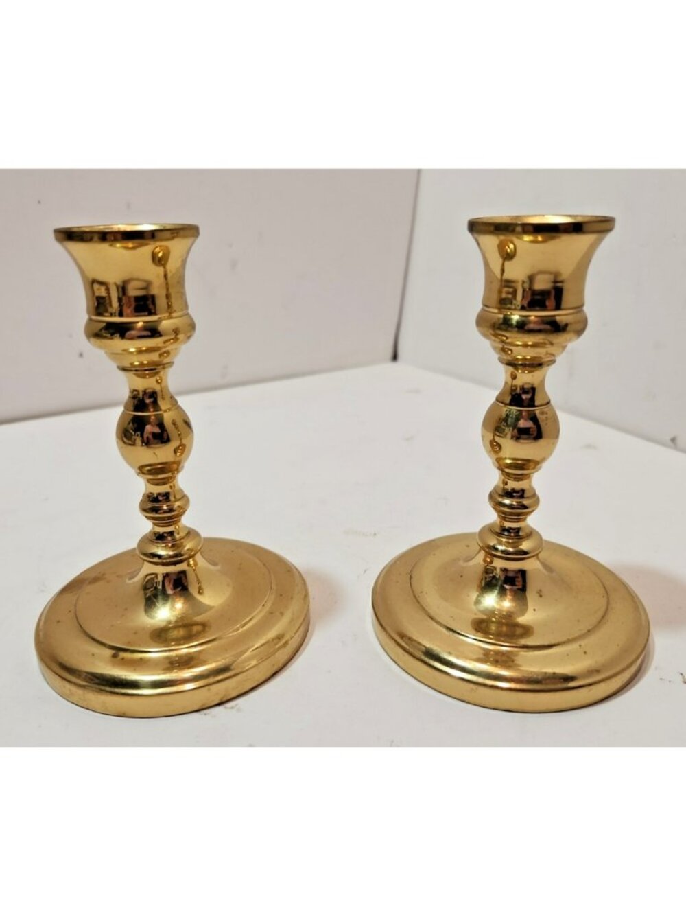 Vtg Pair MCM Wilton Brass Company Brass Candlestick Holders 5" Tall Rare Heavy